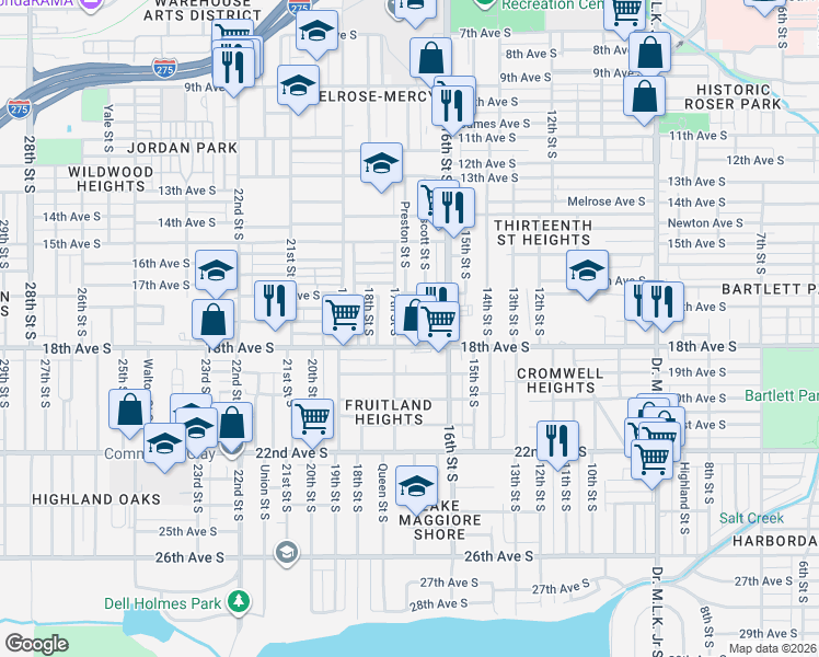 map of restaurants, bars, coffee shops, grocery stores, and more near 1734 Preston Street South in St. Petersburg