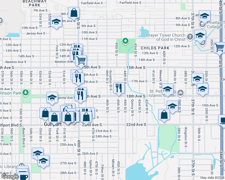 map of restaurants, bars, coffee shops, grocery stores, and more near 1750 Scranton Street South in St. Petersburg