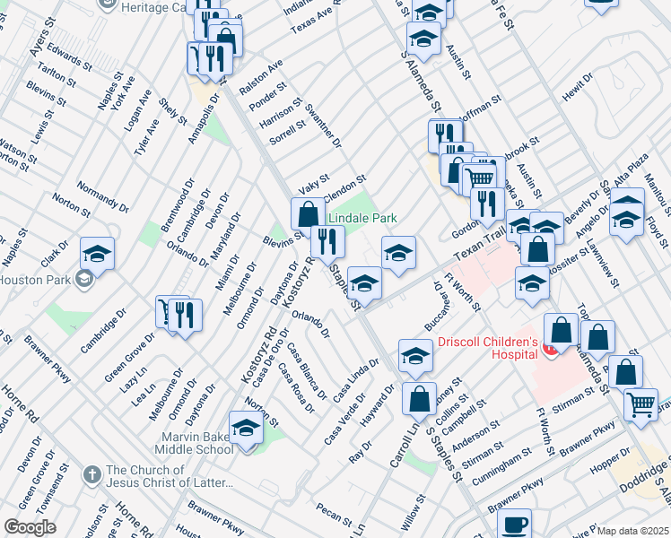 map of restaurants, bars, coffee shops, grocery stores, and more near 3221 South Staples Street in Corpus Christi