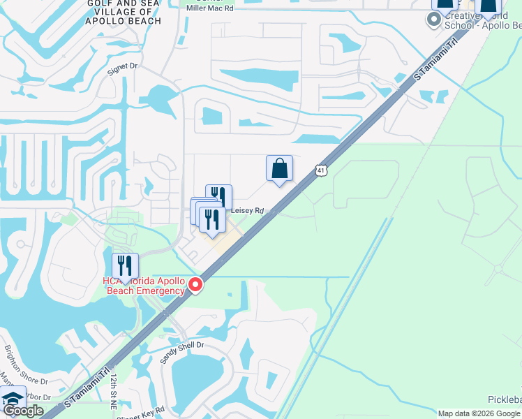 map of restaurants, bars, coffee shops, grocery stores, and more near 61 Leisey Road in Apollo Beach