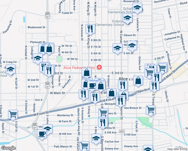 map of restaurants, bars, coffee shops, grocery stores, and more near 213 North Wright Street in Alice