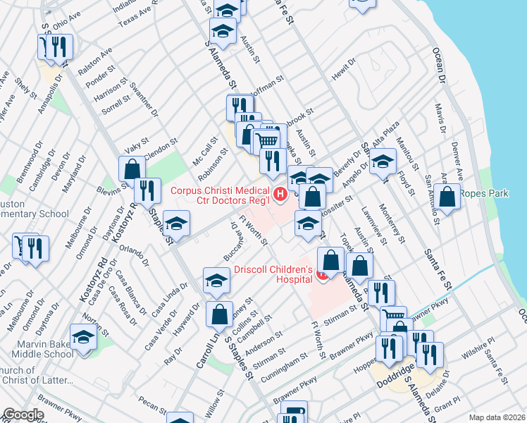 map of restaurants, bars, coffee shops, grocery stores, and more near 601 Texan Trail in Corpus Christi