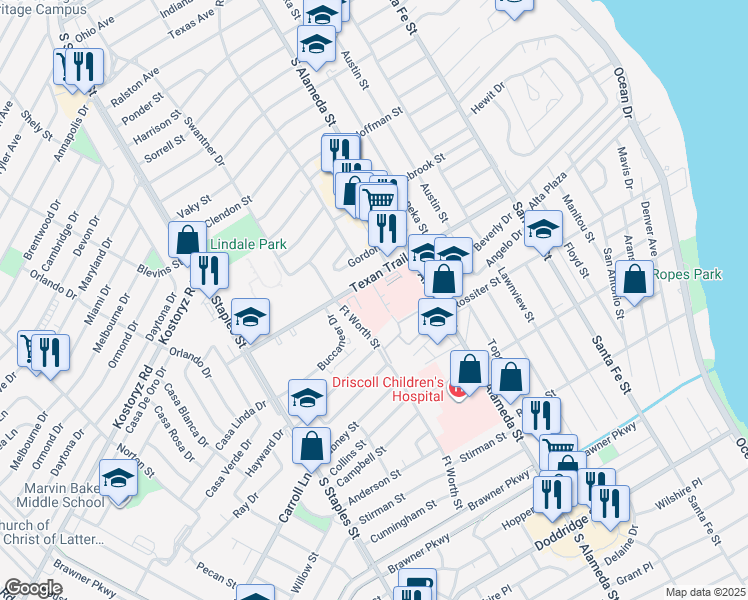 map of restaurants, bars, coffee shops, grocery stores, and more near 601 Texan Trail in Corpus Christi