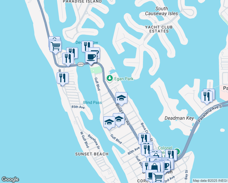 map of restaurants, bars, coffee shops, grocery stores, and more near 8911 Blind Pass Road in St. Pete Beach