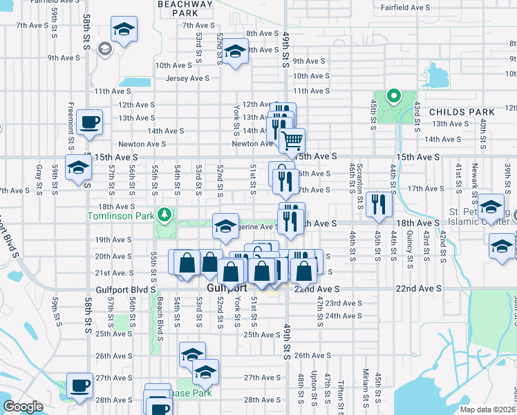 map of restaurants, bars, coffee shops, grocery stores, and more near 5005 18th Avenue South in Gulfport