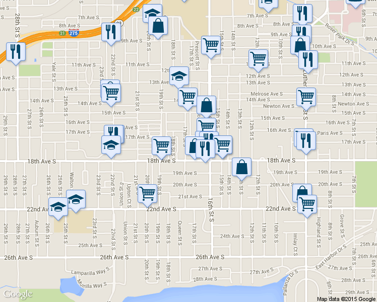 map of restaurants, bars, coffee shops, grocery stores, and more near 1734 Preston Street South in St. Petersburg