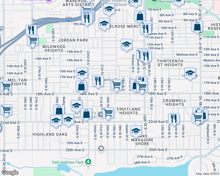 map of restaurants, bars, coffee shops, grocery stores, and more near 2039 Queensboro Avenue South in St. Petersburg