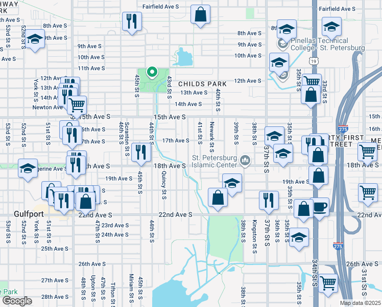map of restaurants, bars, coffee shops, grocery stores, and more near 1752 42nd Street South in St. Petersburg
