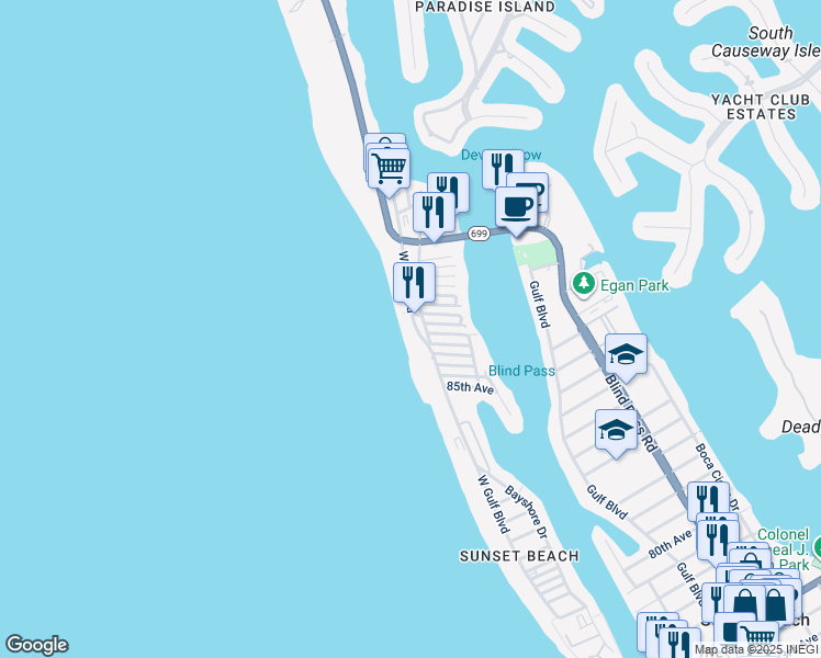 map of restaurants, bars, coffee shops, grocery stores, and more near 8750 West Gulf Boulevard in Treasure Island