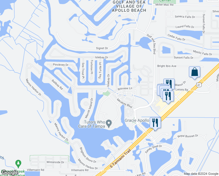 map of restaurants, bars, coffee shops, grocery stores, and more near 403 Islebay Drive in Apollo Beach