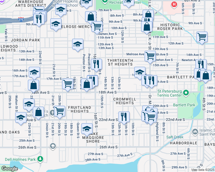 map of restaurants, bars, coffee shops, grocery stores, and more near 1660 14th St S in St Petersburg