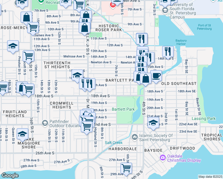 map of restaurants, bars, coffee shops, grocery stores, and more near 1719 Grove Street South in St. Petersburg