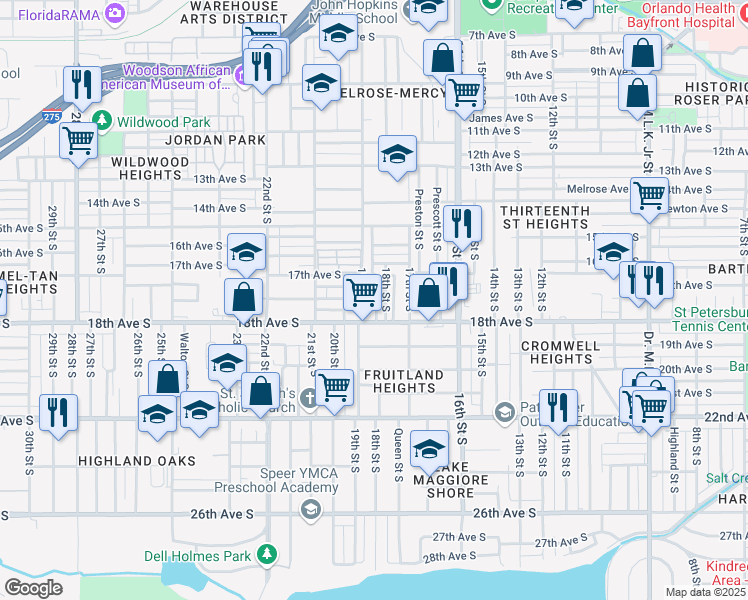 map of restaurants, bars, coffee shops, grocery stores, and more near 1751 19th Street South in St. Petersburg