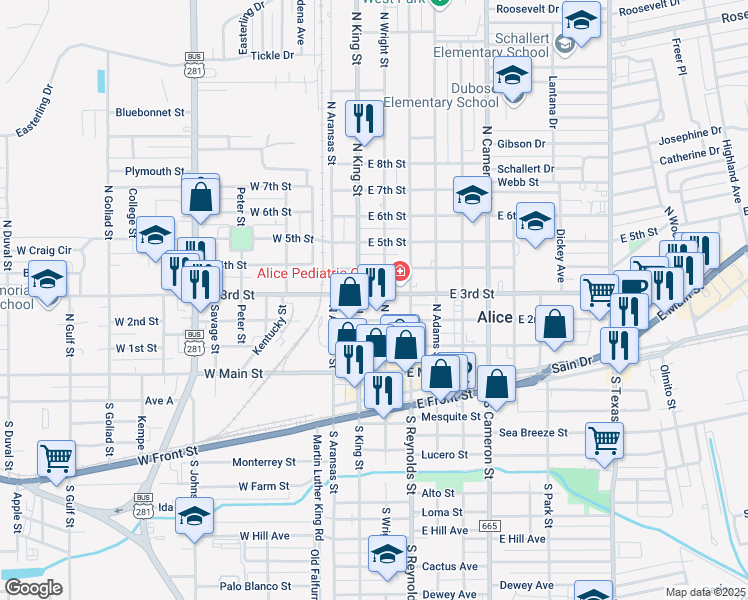 map of restaurants, bars, coffee shops, grocery stores, and more near 213 North Wright Street in Alice