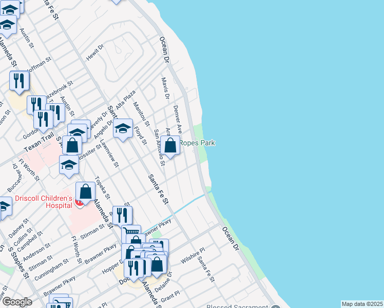 map of restaurants, bars, coffee shops, grocery stores, and more near 3545 Ocean Drive in Corpus Christi