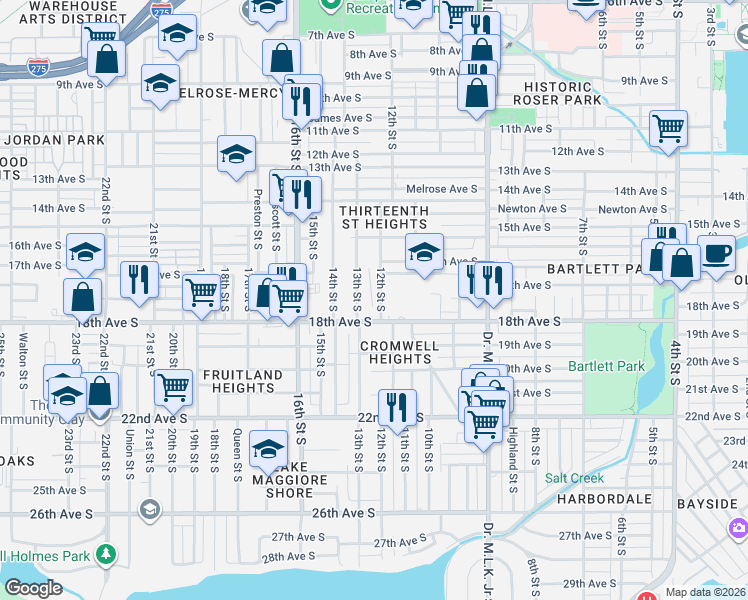 map of restaurants, bars, coffee shops, grocery stores, and more near 1681 12th Street South in St. Petersburg