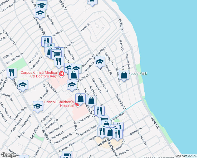map of restaurants, bars, coffee shops, grocery stores, and more near 3435 Monterrey Street in Corpus Christi