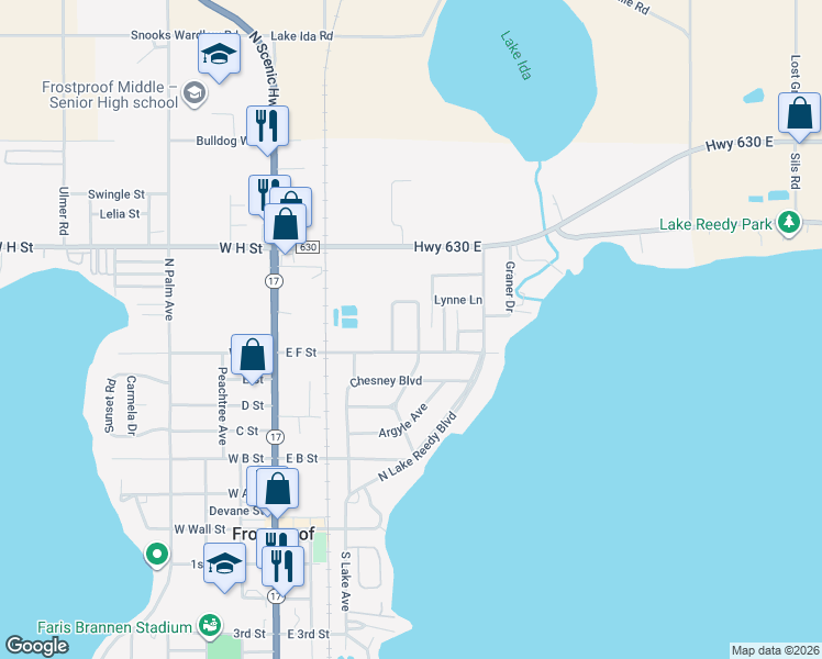 map of restaurants, bars, coffee shops, grocery stores, and more near 64 Blackjack Avenue in Frostproof