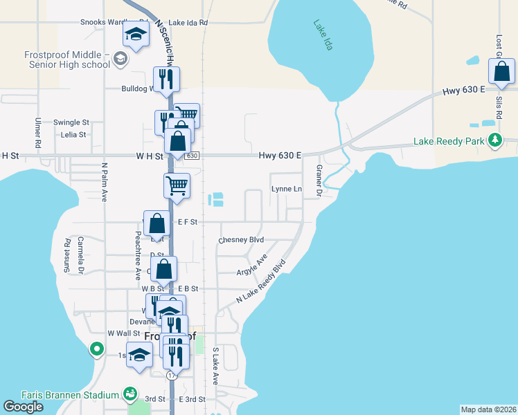 map of restaurants, bars, coffee shops, grocery stores, and more near 64 Blackjack Avenue in Frostproof