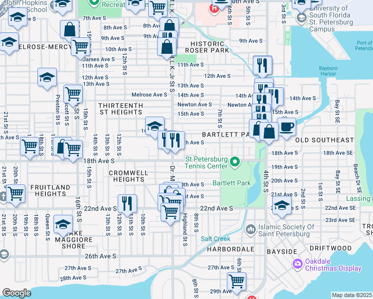 map of restaurants, bars, coffee shops, grocery stores, and more near 1720 Highland Street South in St. Petersburg