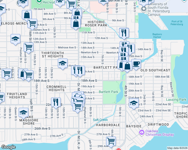 map of restaurants, bars, coffee shops, grocery stores, and more near 1721 Granville Court South in St. Petersburg