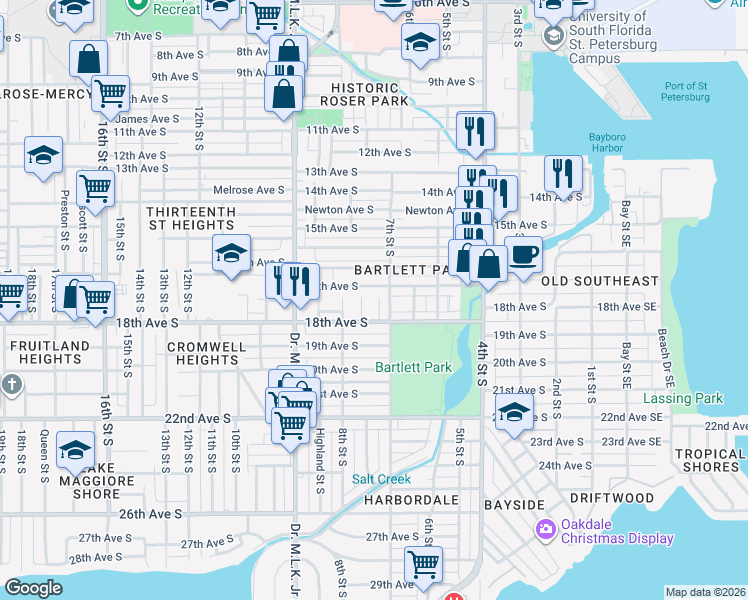 map of restaurants, bars, coffee shops, grocery stores, and more near 1719 Grove Street South in St. Petersburg