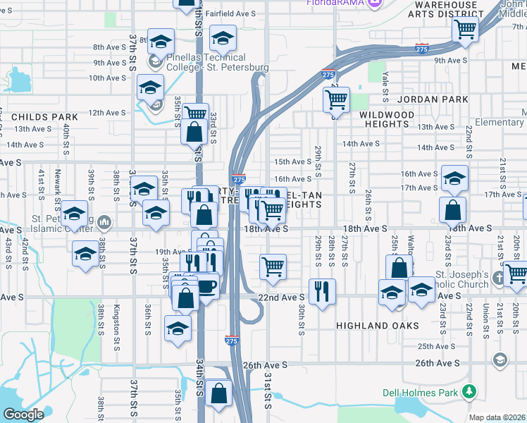map of restaurants, bars, coffee shops, grocery stores, and more near 1735 31st St S in St Petersburg