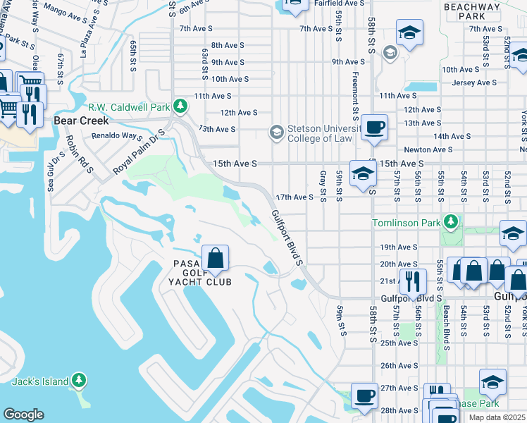 map of restaurants, bars, coffee shops, grocery stores, and more near 6100 Gulfport Boulevard South in Gulfport