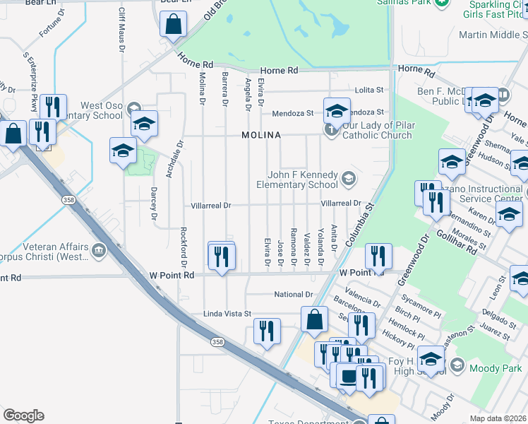 map of restaurants, bars, coffee shops, grocery stores, and more near 4509 Elvira Drive in Corpus Christi