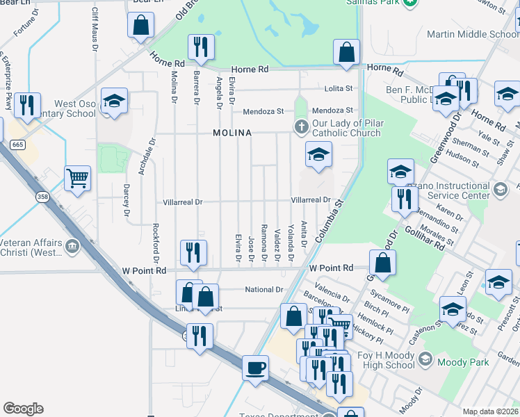 map of restaurants, bars, coffee shops, grocery stores, and more near 4510 Jose Drive in Corpus Christi