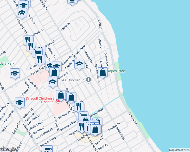 map of restaurants, bars, coffee shops, grocery stores, and more near 3504 Floyd Street in Corpus Christi