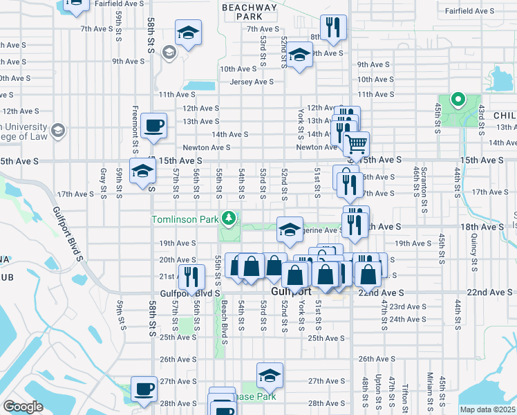 map of restaurants, bars, coffee shops, grocery stores, and more near 5301 18th Avenue South in Gulfport