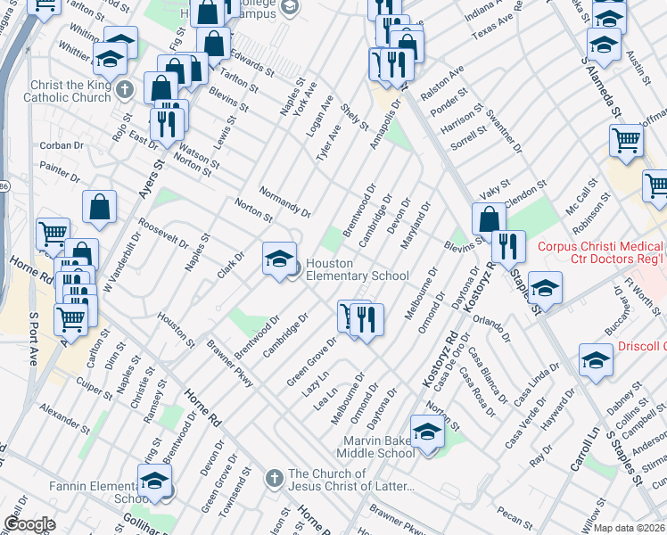 map of restaurants, bars, coffee shops, grocery stores, and more near 1422 Brentwood Drive in Corpus Christi