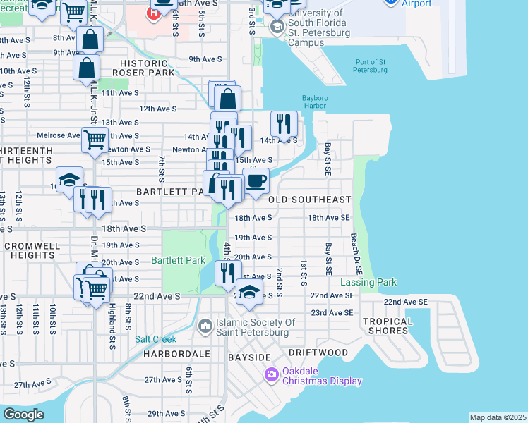 map of restaurants, bars, coffee shops, grocery stores, and more near 263 18th Avenue South in St. Petersburg