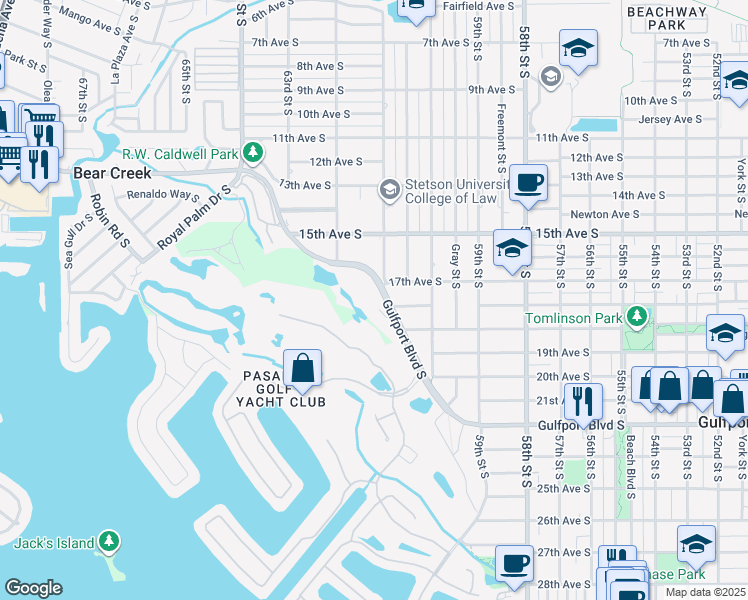 map of restaurants, bars, coffee shops, grocery stores, and more near 6100 Gulfport Boulevard South in Gulfport