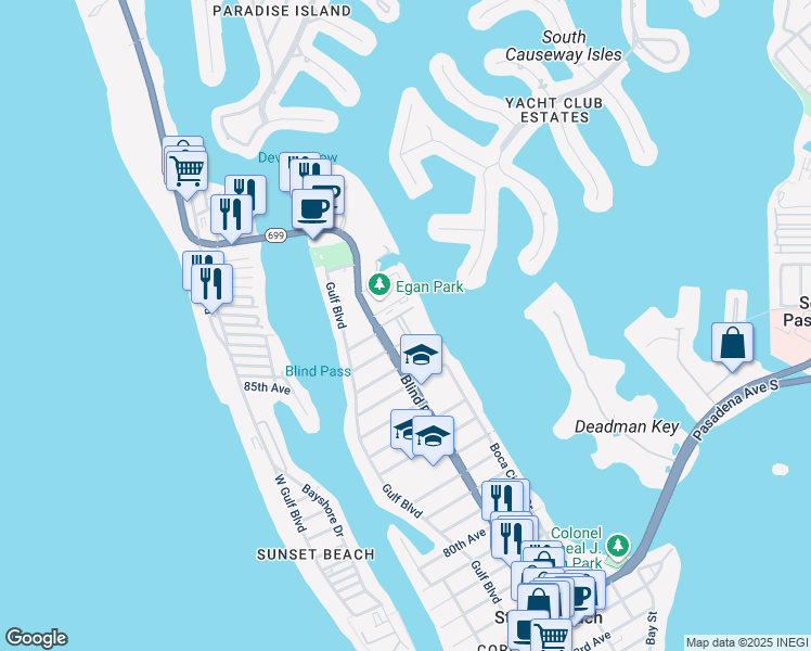 map of restaurants, bars, coffee shops, grocery stores, and more near 8911 Blind Pass Road in St. Pete Beach