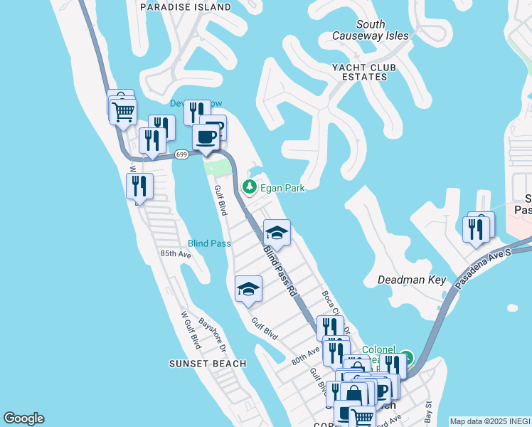 map of restaurants, bars, coffee shops, grocery stores, and more near 8901 Blind Pass Road in St. Petersburg