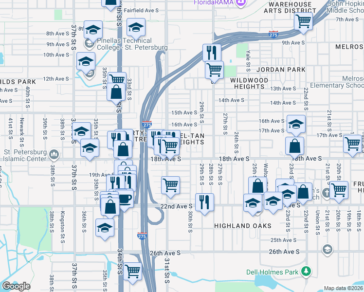 map of restaurants, bars, coffee shops, grocery stores, and more near 1744 Dayton Street South in Saint Petersburg