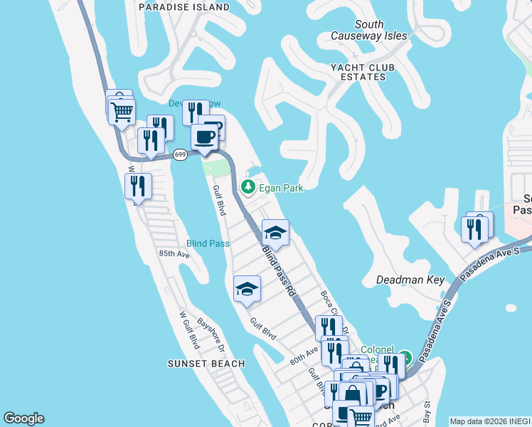 map of restaurants, bars, coffee shops, grocery stores, and more near 8911 Blind Pass Road in St. Pete Beach