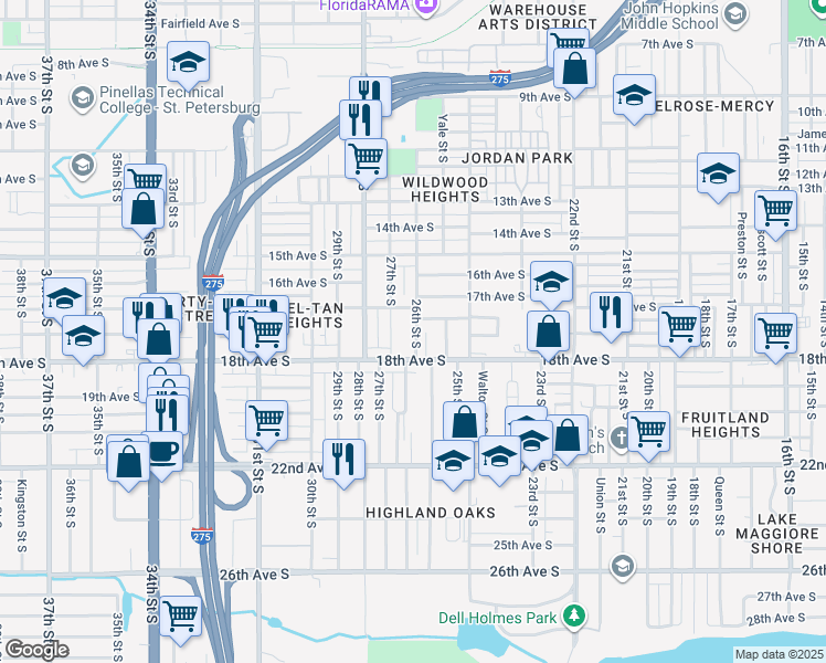 map of restaurants, bars, coffee shops, grocery stores, and more near 1739 26th Street South in St. Petersburg