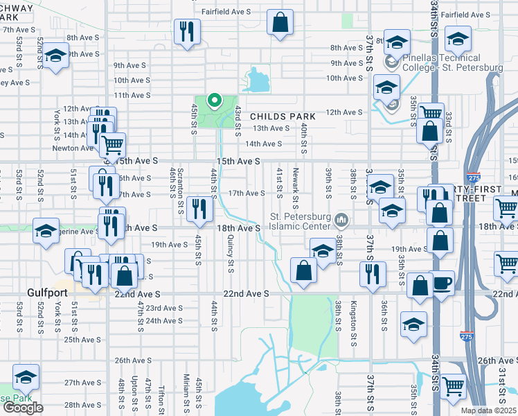 map of restaurants, bars, coffee shops, grocery stores, and more near 1737 42nd Street South in St. Petersburg