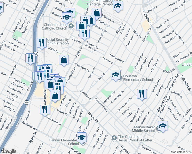 map of restaurants, bars, coffee shops, grocery stores, and more near 109 Roosevelt Drive in Corpus Christi
