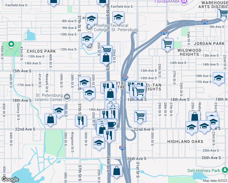 map of restaurants, bars, coffee shops, grocery stores, and more near 3301 Queensboro Avenue South in St. Petersburg