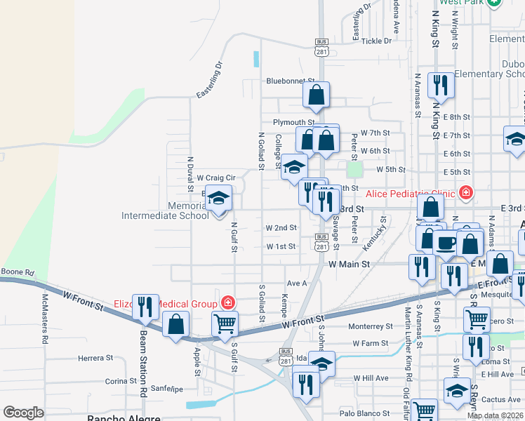 map of restaurants, bars, coffee shops, grocery stores, and more near 900 West 3rd Street in Alice