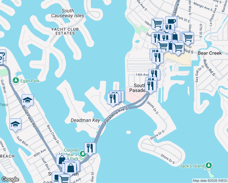 map of restaurants, bars, coffee shops, grocery stores, and more near 7490 Bay Island Drive South in South Pasadena