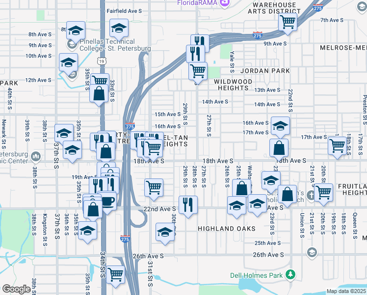 map of restaurants, bars, coffee shops, grocery stores, and more near 1745 29th Street South in St. Petersburg