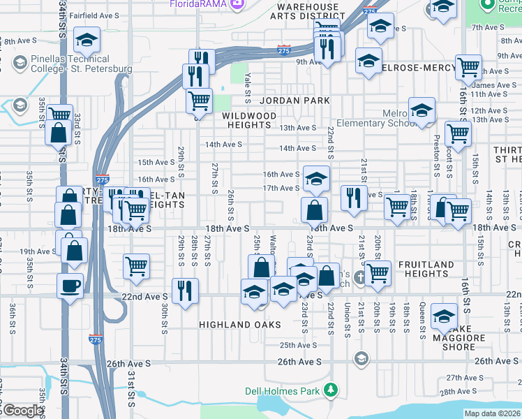map of restaurants, bars, coffee shops, grocery stores, and more near 2471 Quebec Avenue South in St. Petersburg