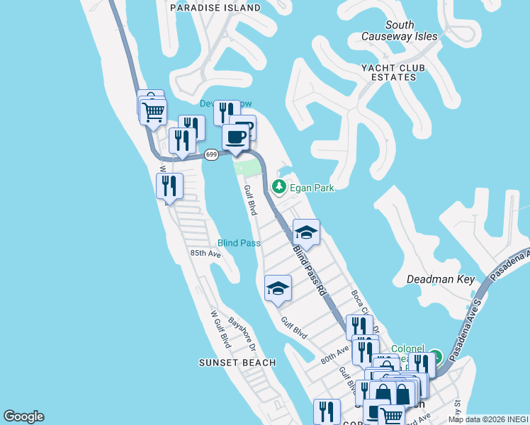 map of restaurants, bars, coffee shops, grocery stores, and more near 9030 Blind Pass Road in St. Pete Beach