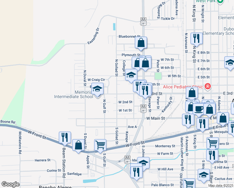 map of restaurants, bars, coffee shops, grocery stores, and more near 900 West 3rd Street in Alice