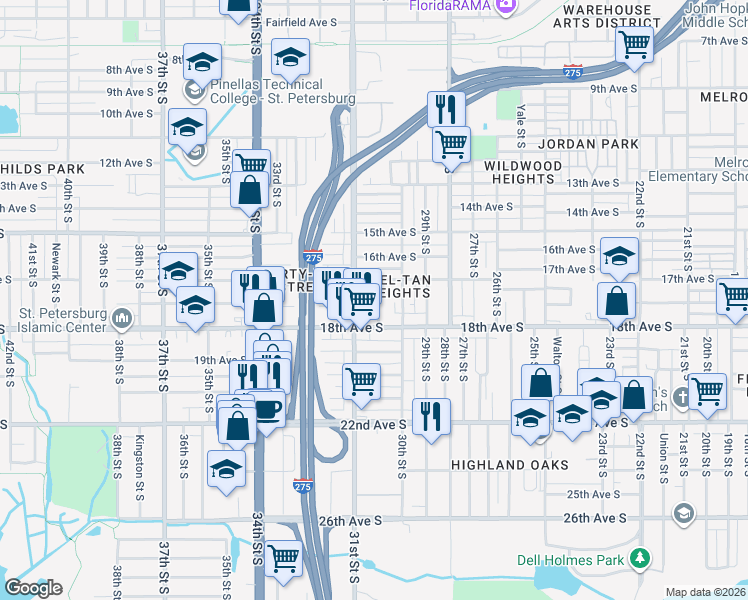 map of restaurants, bars, coffee shops, grocery stores, and more near 1744 Dayton Street South in St. Petersburg